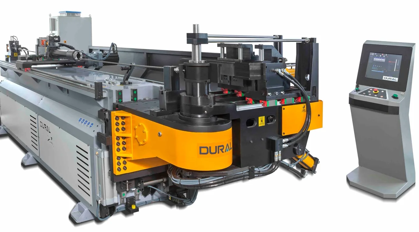 Bending head of a Griffin Series CNC tube bending machine with operator control pedestal